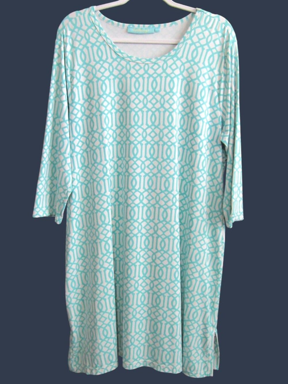 Anthonys Resort Wear Geometric Shift Dress Womens Size 1X Teal White Knee Length
